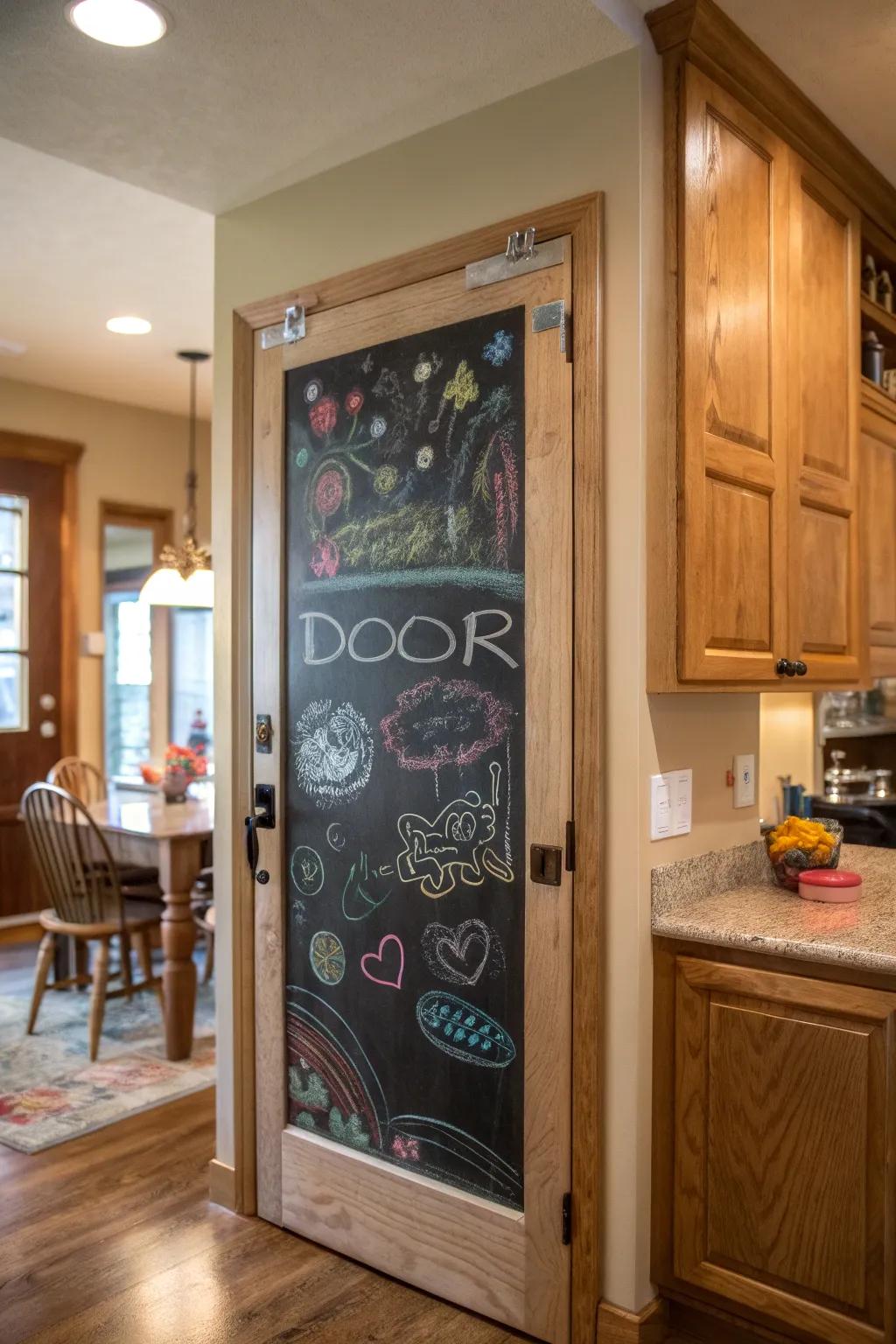 A slate door provides a place for creativity and organization.