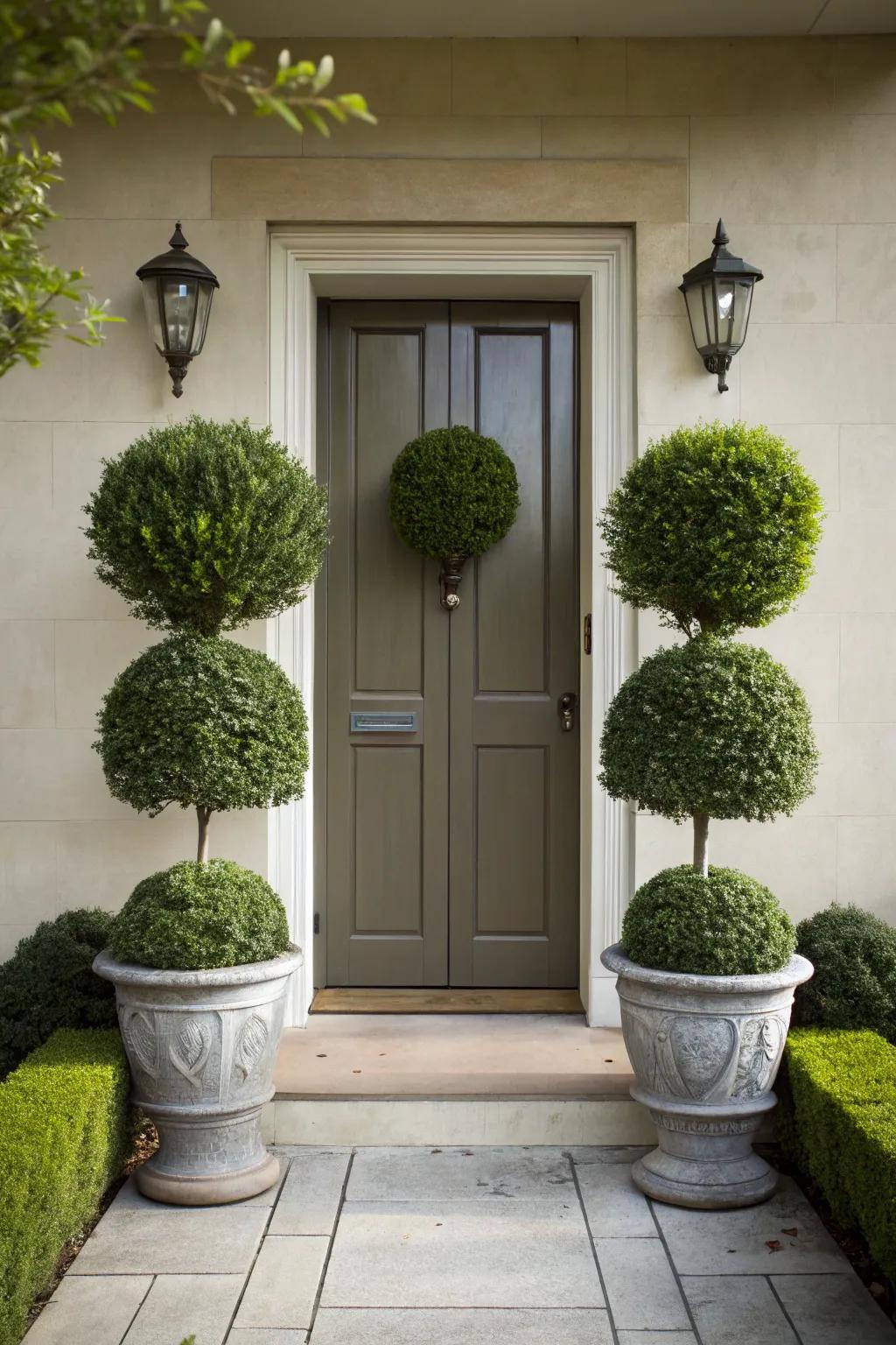 Seasonal shrubs provide a beautiful accent to any entryway.
