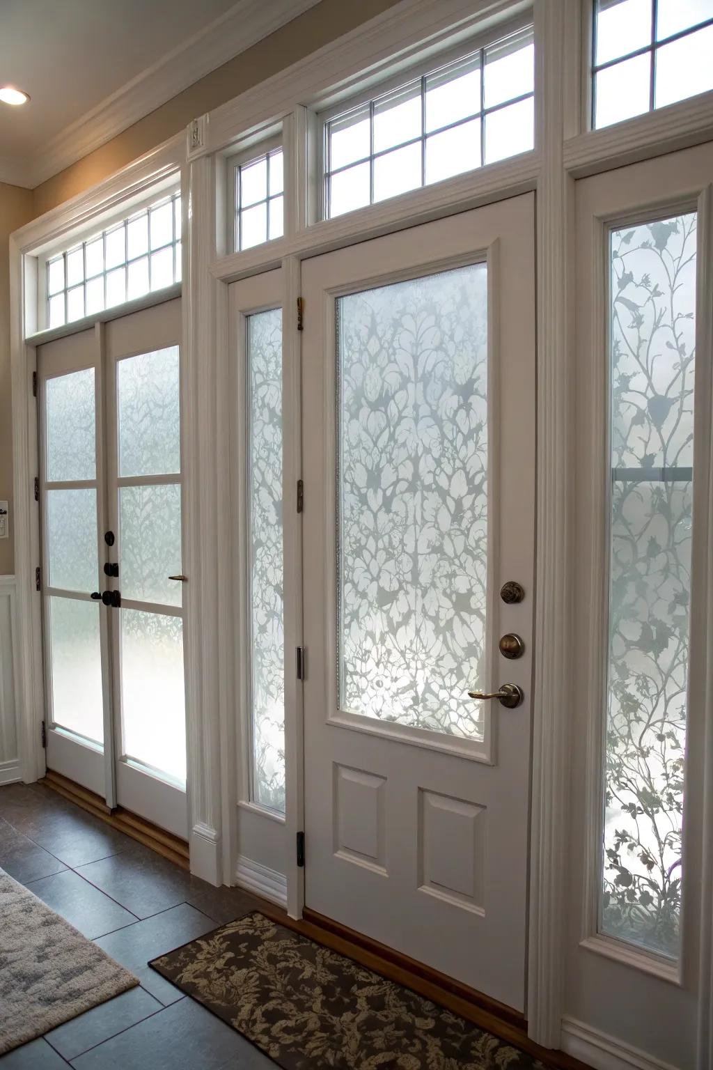 Obscured contact paper offers an affordable and stylish way to add privacy to entryway windows.