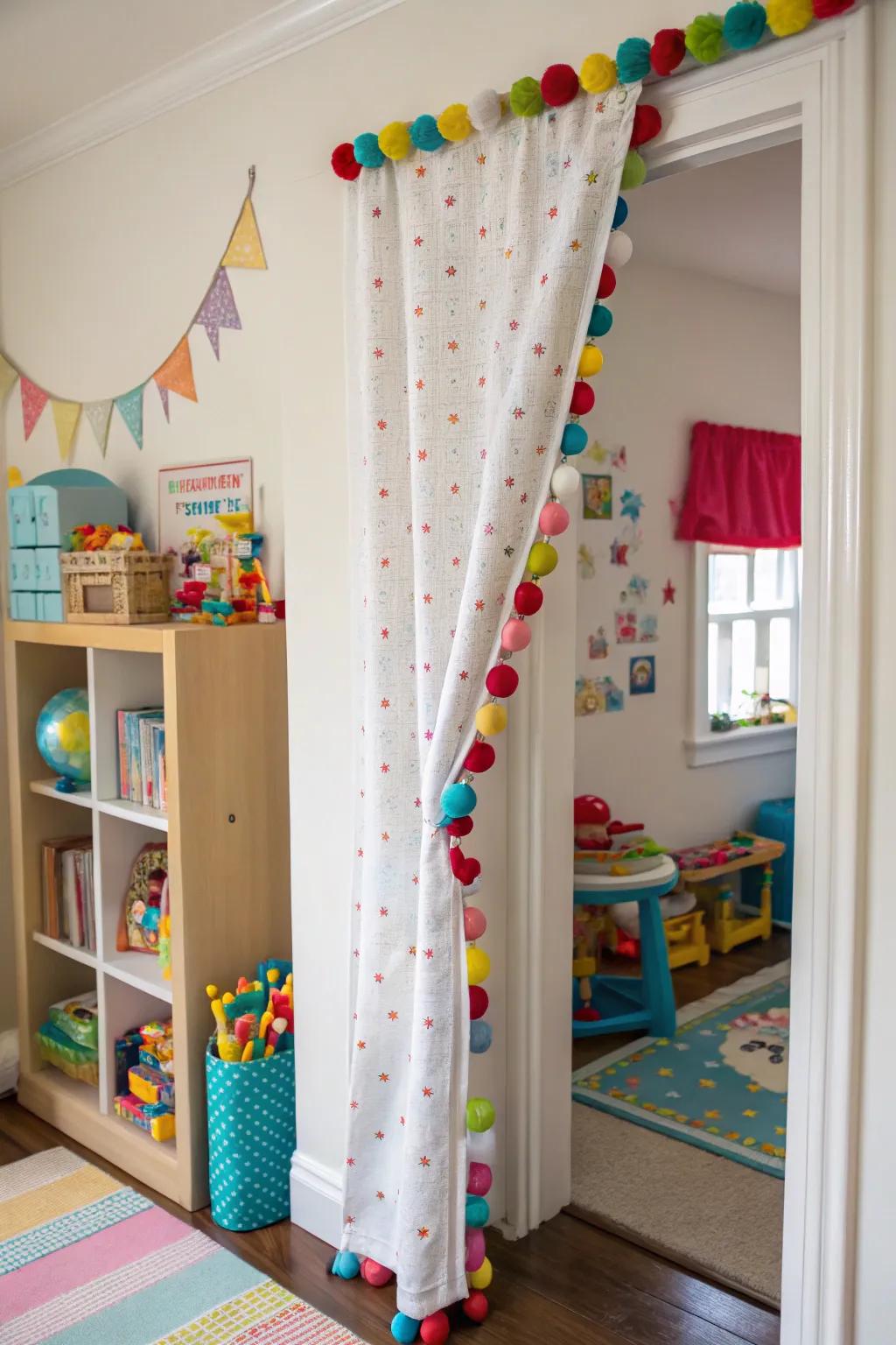 Pompom drapes bring playful charm and joy to areas.