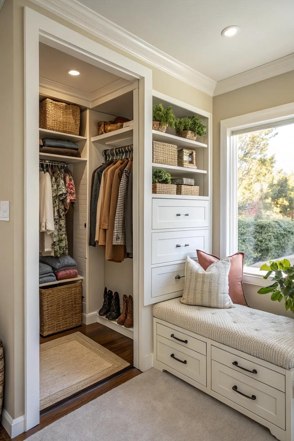 A seating area inside a double closet provides both comfort and flair.