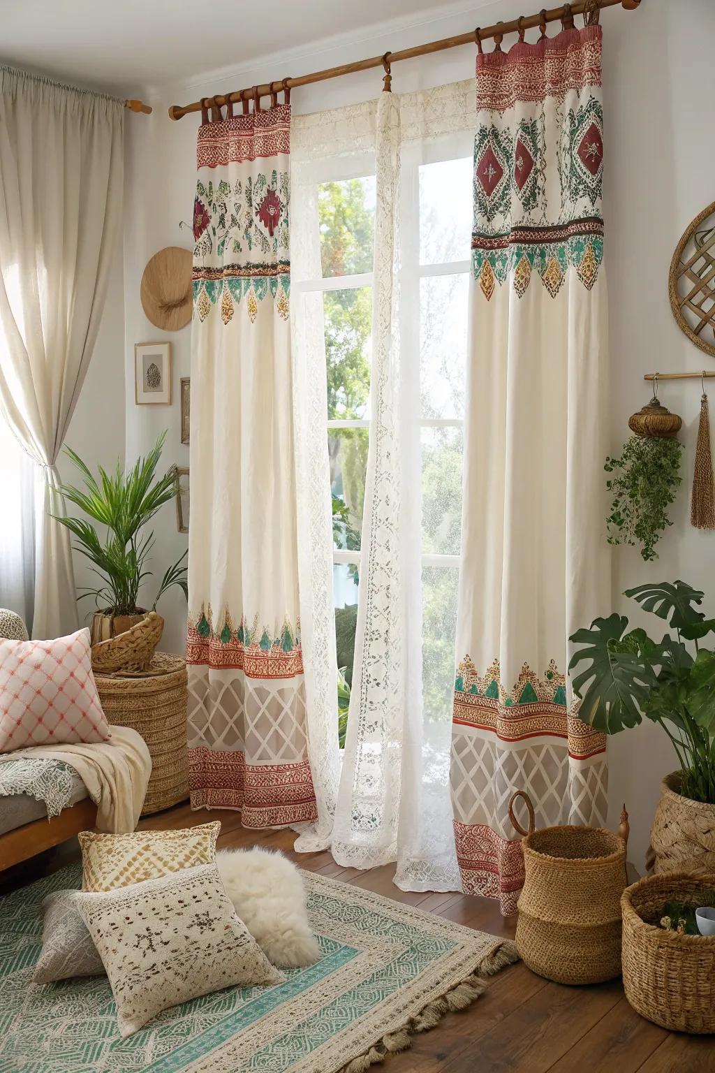 In this living room, layered lace and patterned curtains evoke a bohemian vibe.