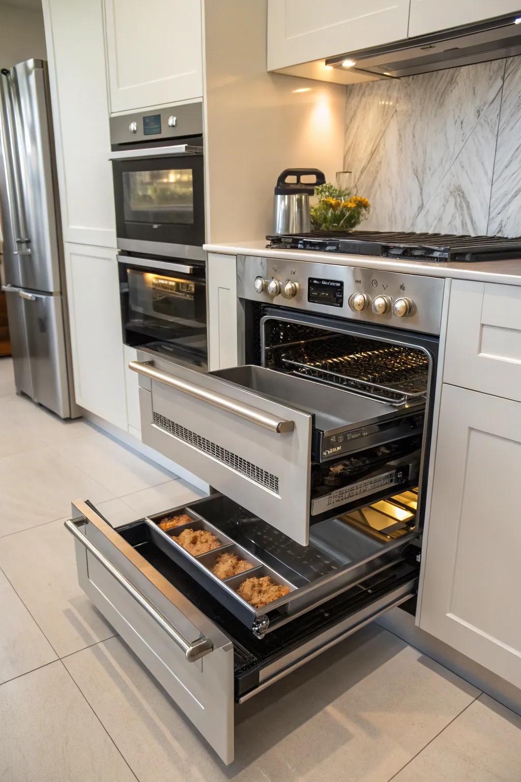 A modern kitchen featuring a double oven with cleverly integrated storage options, ensuring everything is within reach.