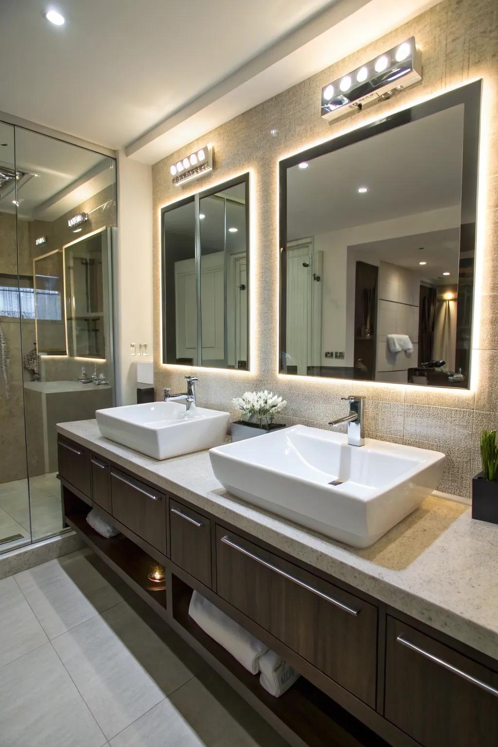 Under-cabinet lighting enhances the elegance of the double sinks.
