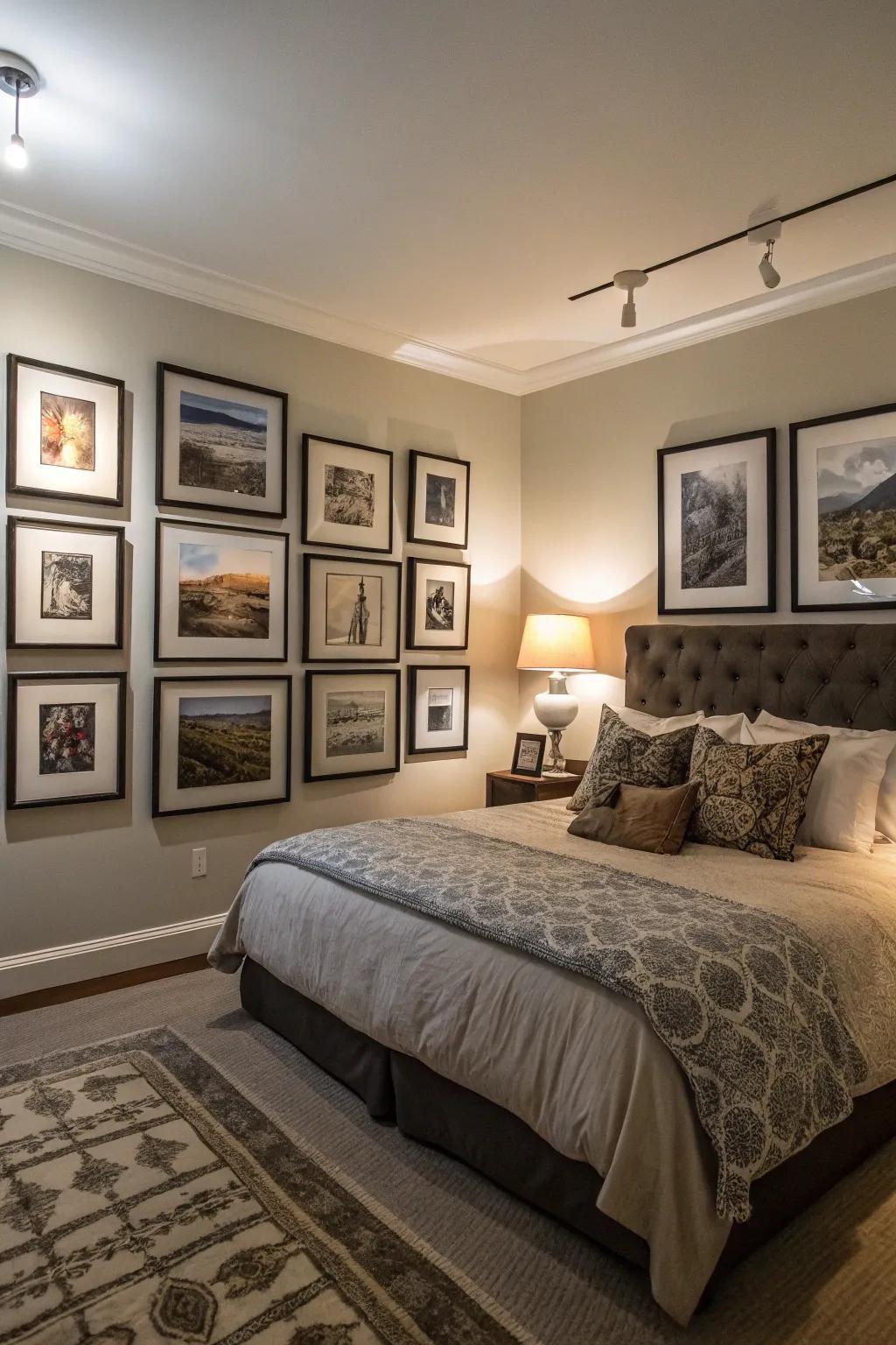 A gallery arrangement within shadowy frames enriches both elegance and personal flair.