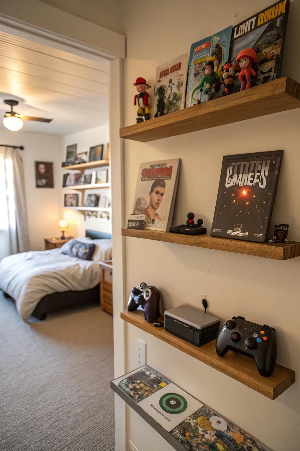 Suspended shelving units enhance area plus display collectibles.
