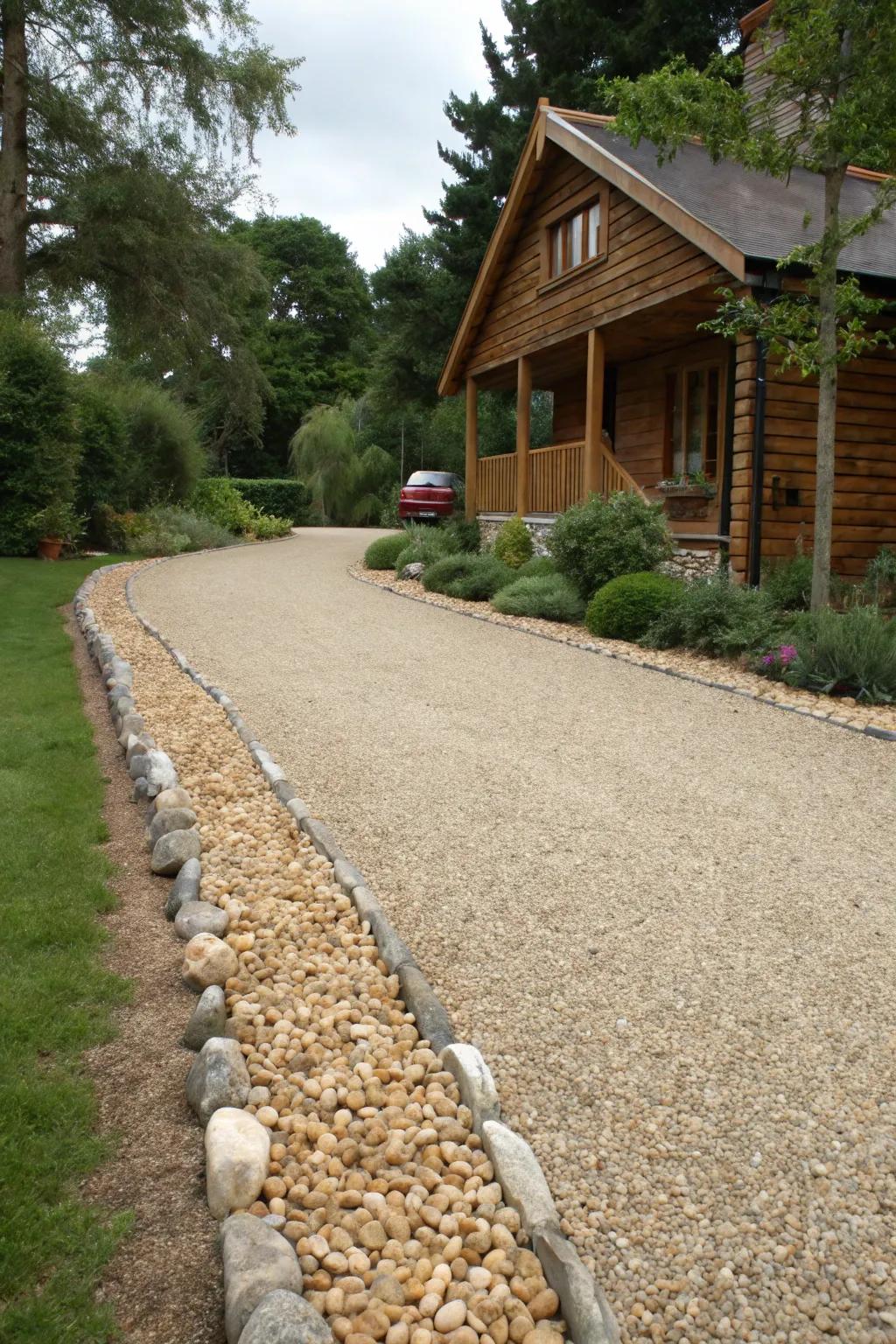 A decorative border enhances the rustic charm of a gravel driveway.