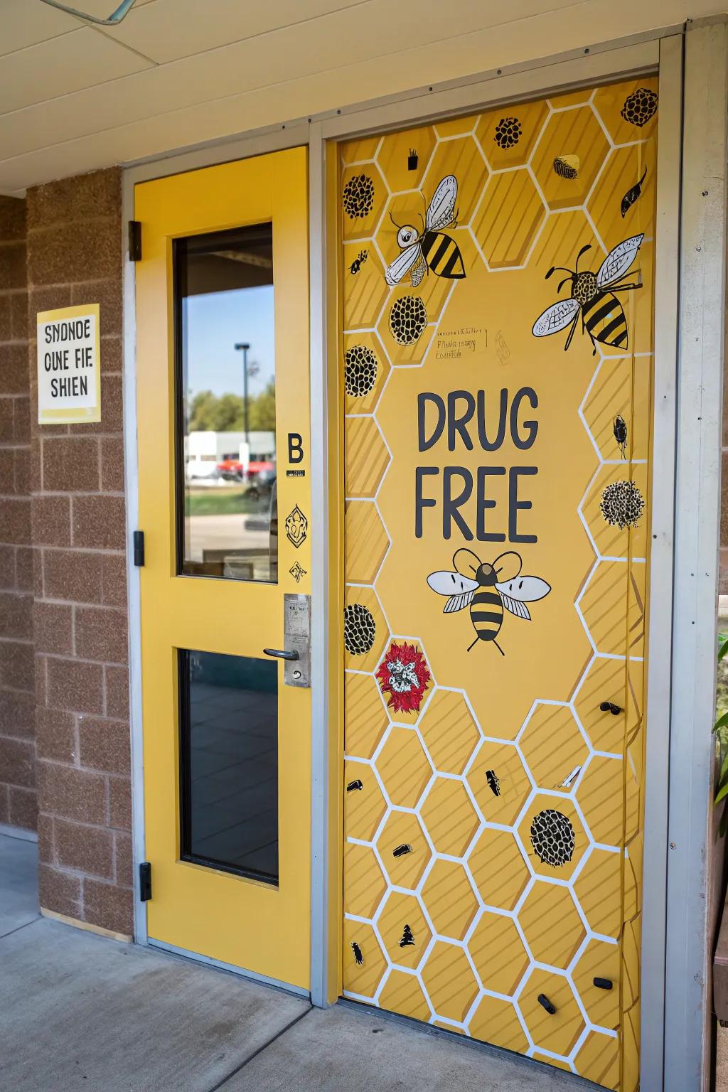 A bee-themed door decoration using a substance-free message.