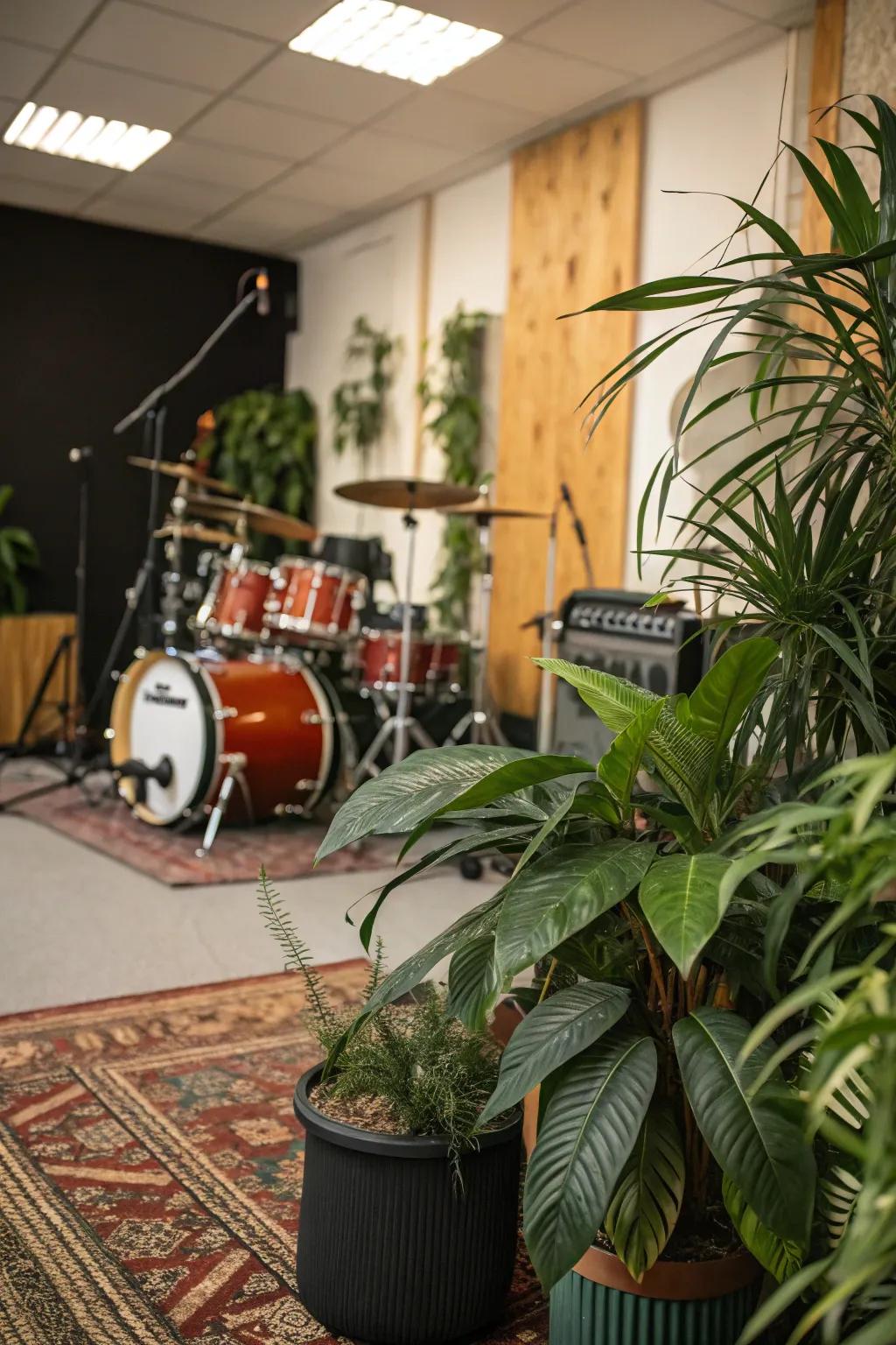 Indoor greenery can enhance the ambiance and freshness of your drum room.