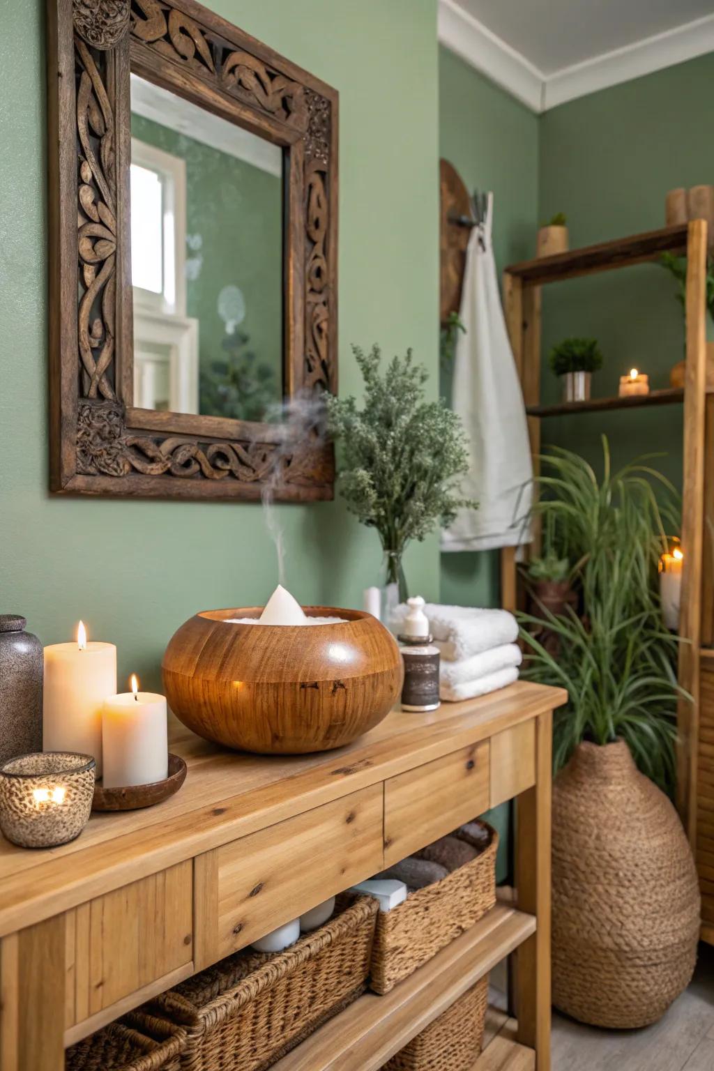 Scent therapy elements promote a calming and earthy bathroom environment.