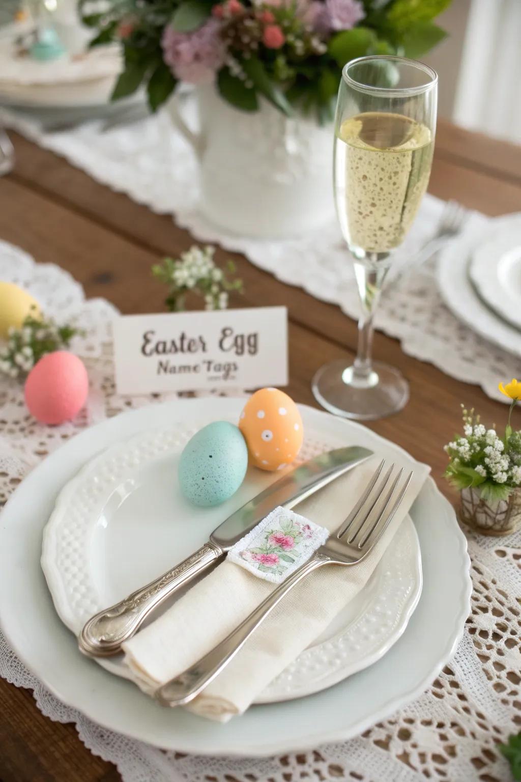 Wedding spot settings featuring individualized Easter egg spot markers.