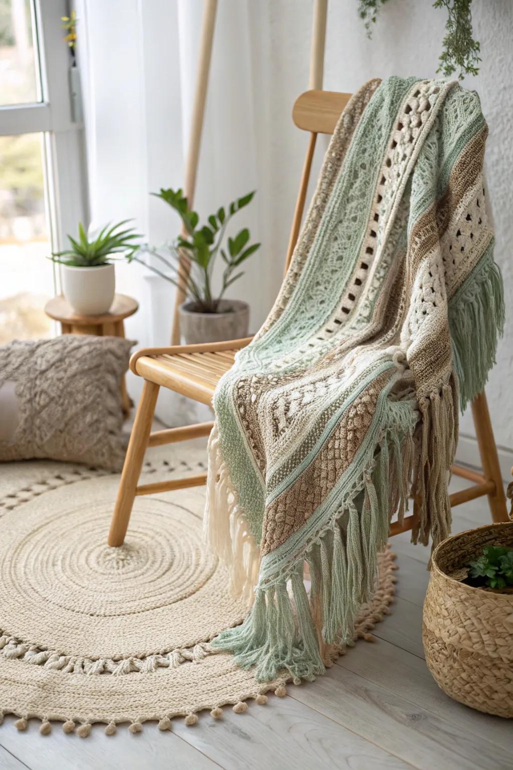 Introduce a playful bohemian touch to your area using this chic border crochet blanket.