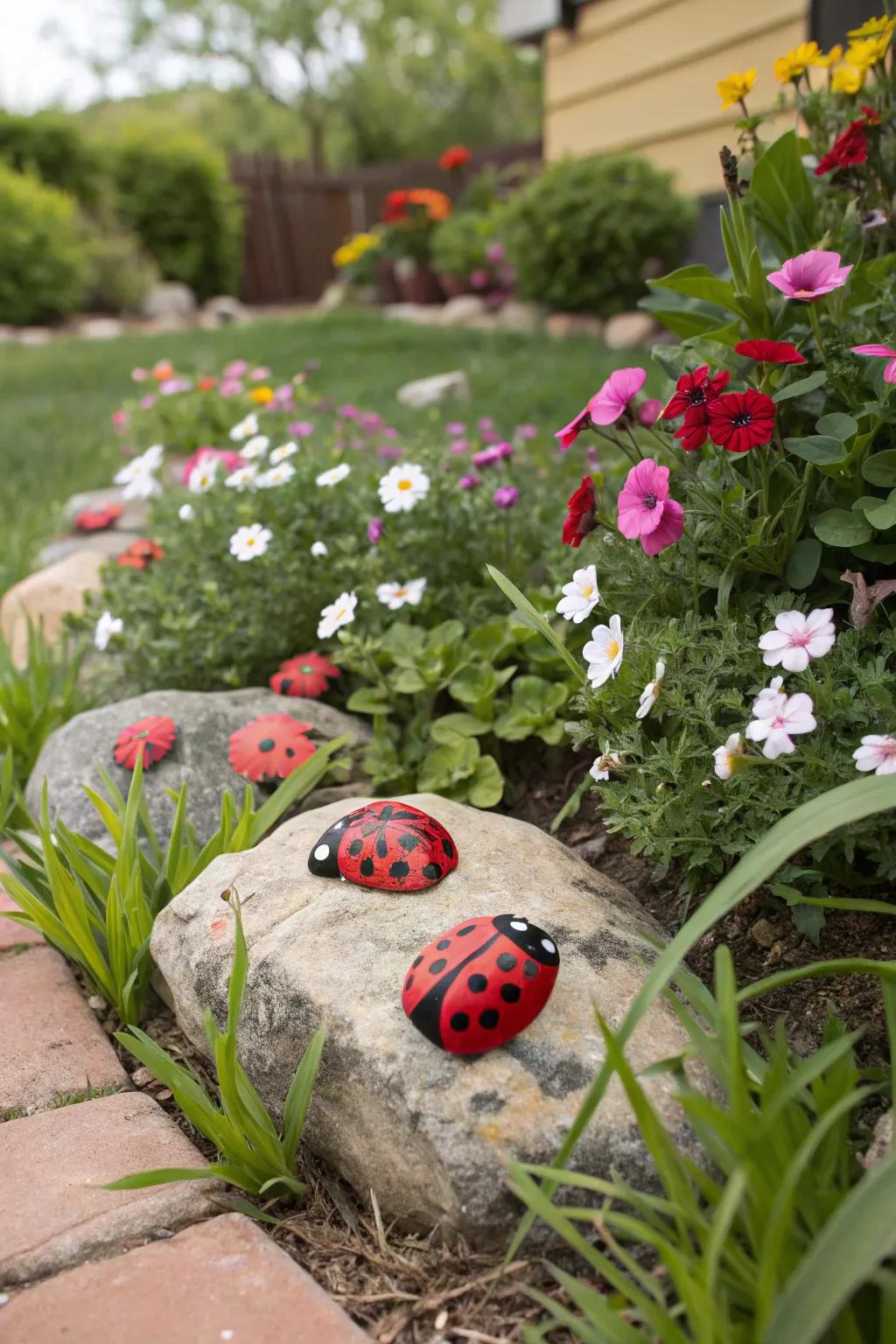 Portrayed stone scarabs infuse charm into gardens.