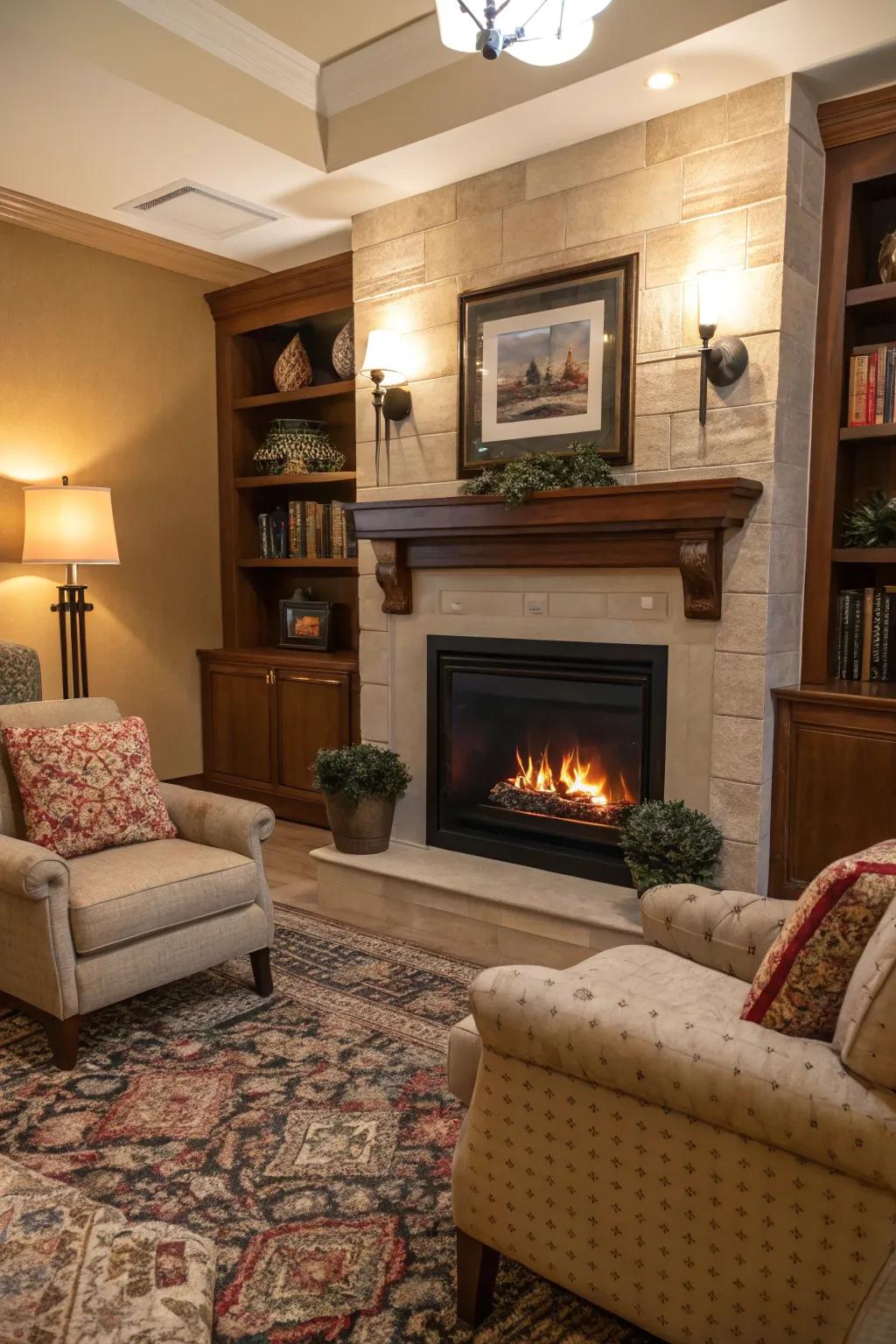 An inviting alcove featuring an electric firebox