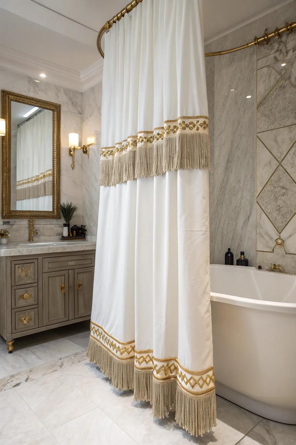 Fringe trim adds a touch of elegance to this sophisticated shower curtain.