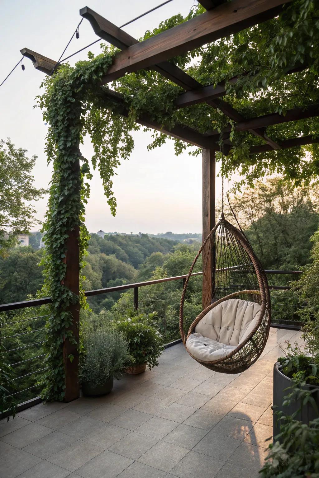 Swing chairs introduce a relaxing and playful element to patios.