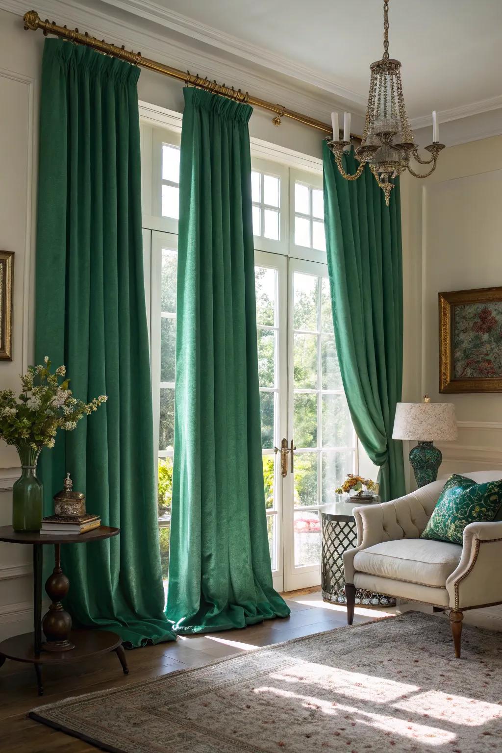Deep green curtains elegantly frame the layout of the living space.