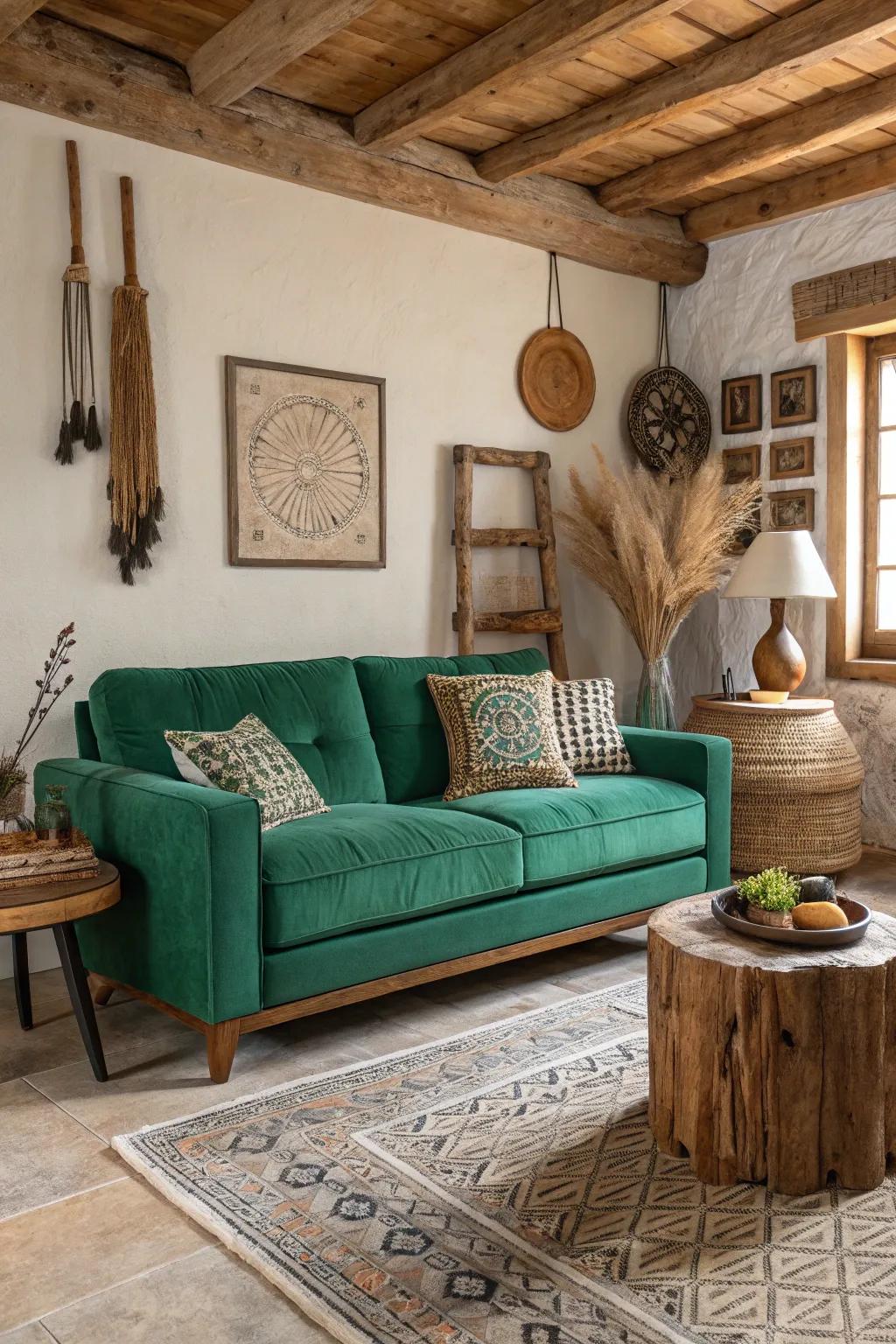 Rustic elements match the organic feel of the deep-green couch.