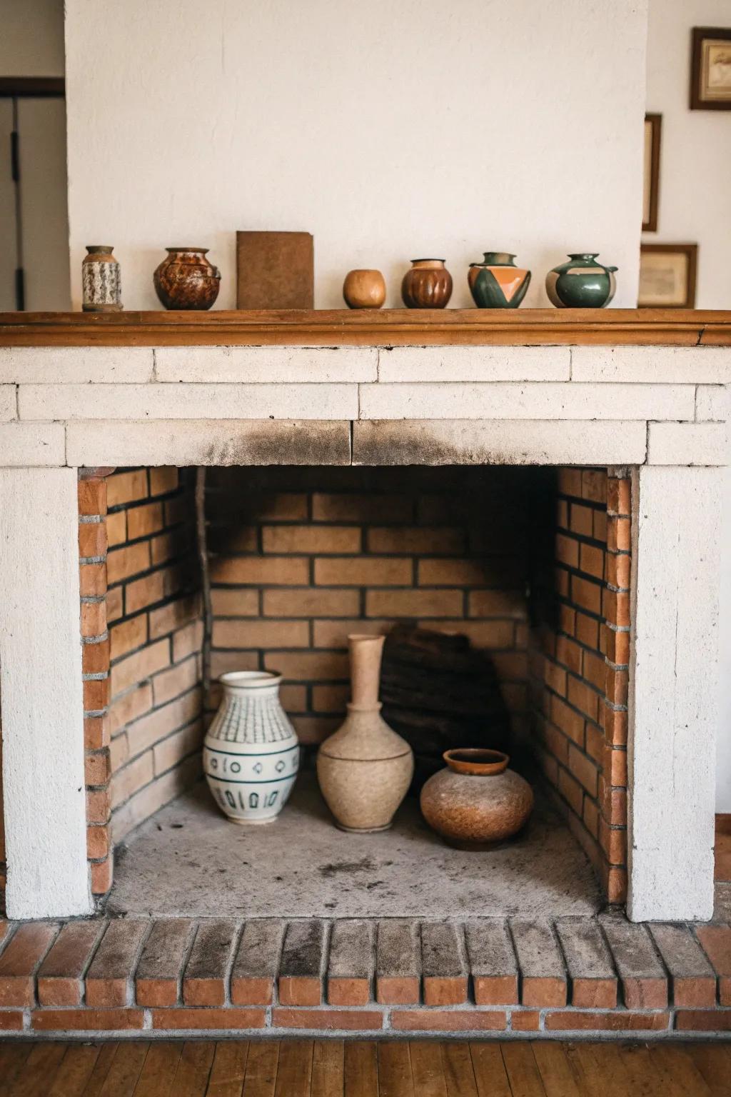 Design an artistic scene using pottery inside your fireplace.