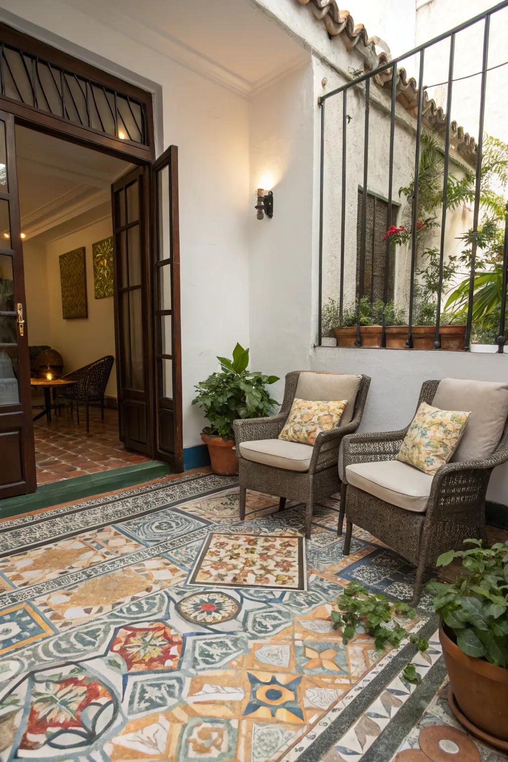 A stylish patio featuring decorative flooring that complements the overall design.