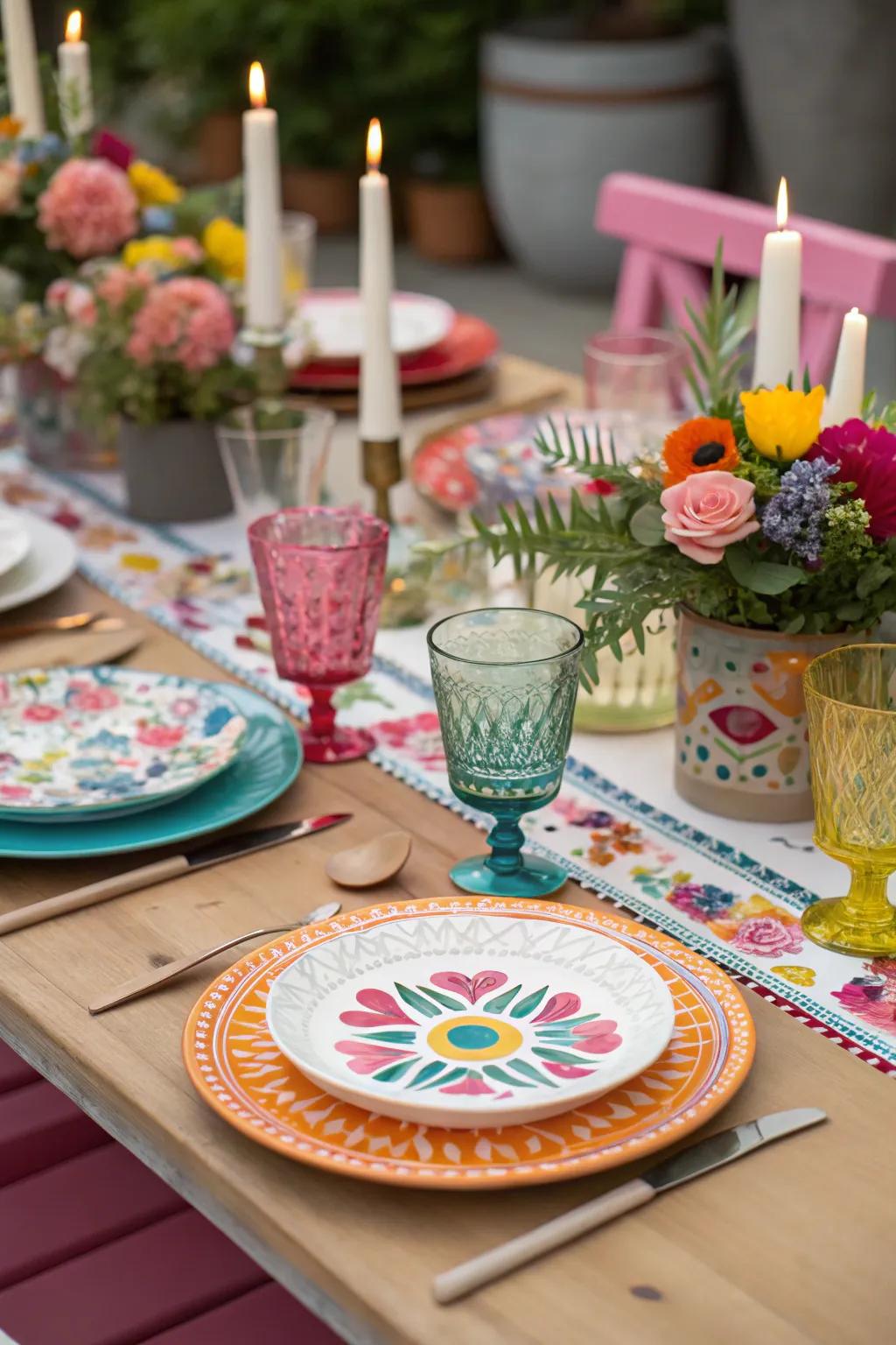 Varied tableware conveys uniqueness to the dining schemes.