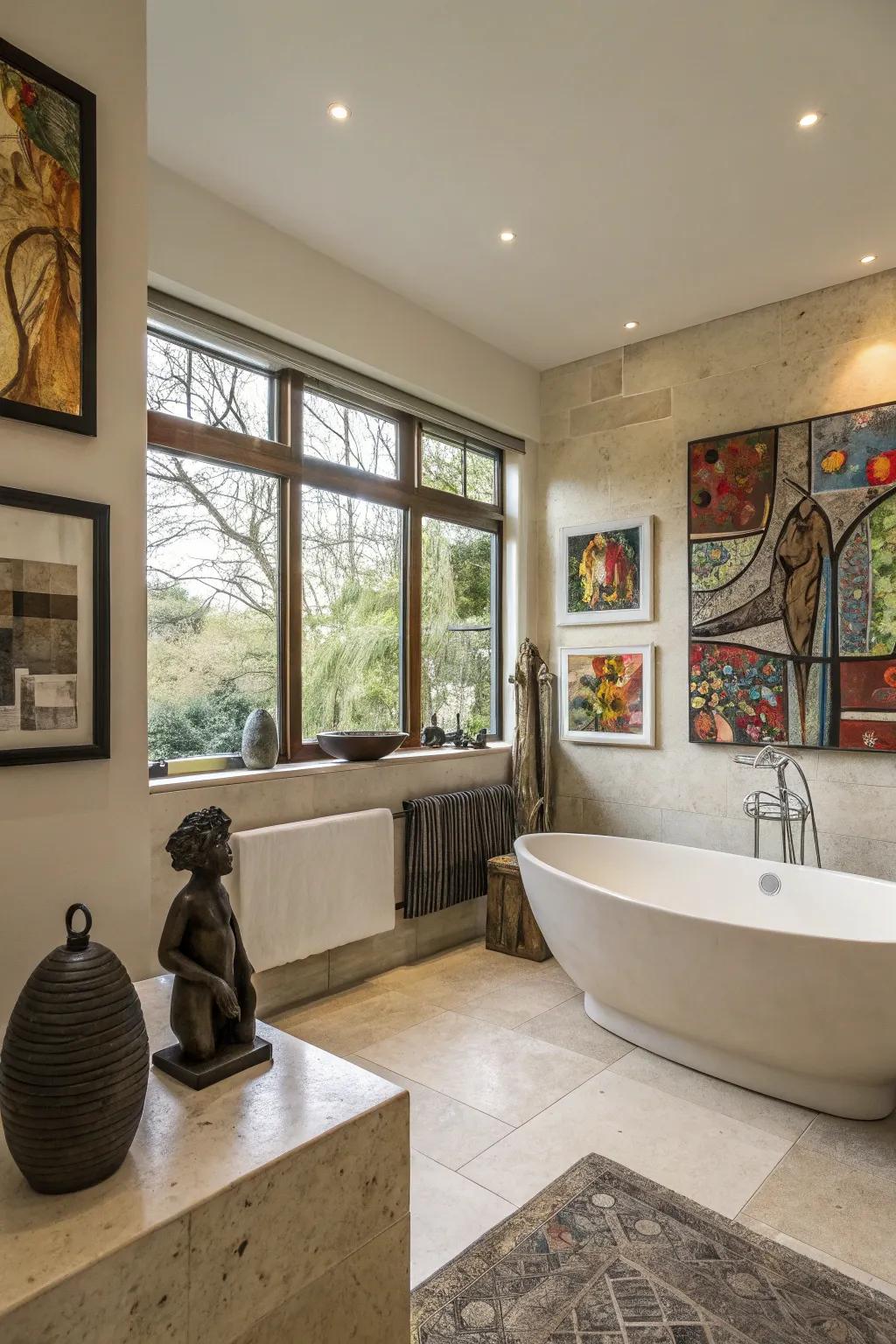 Art lends personality and inspiration to an attached bathroom.