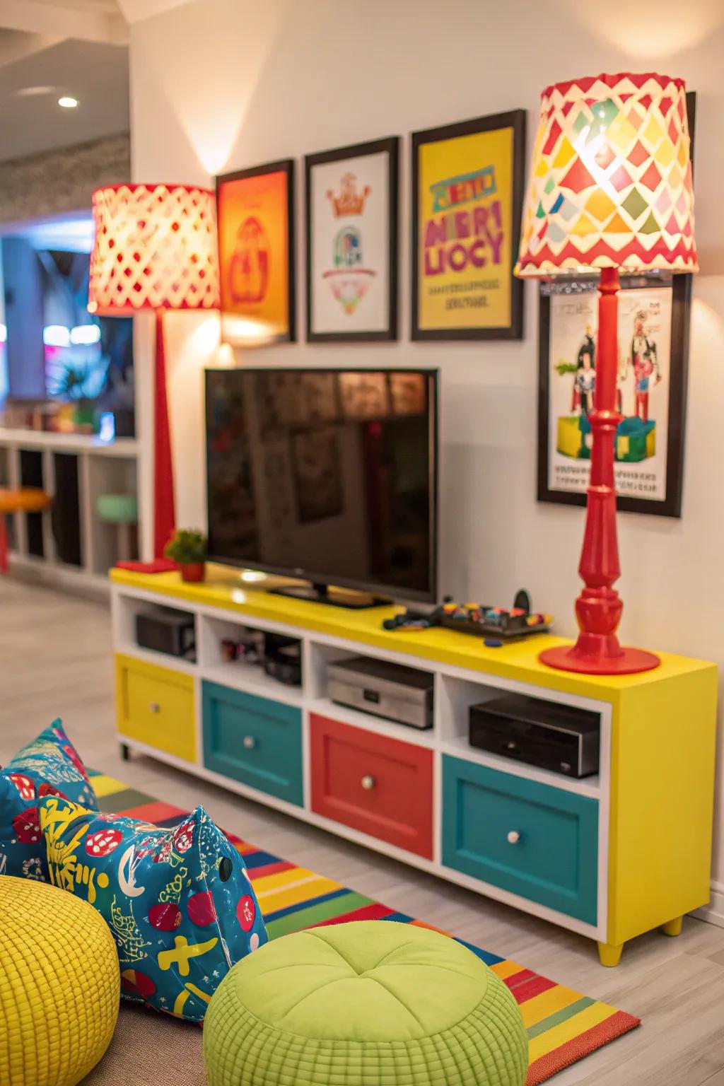 An entertainment center highlighted with vibrant shades.