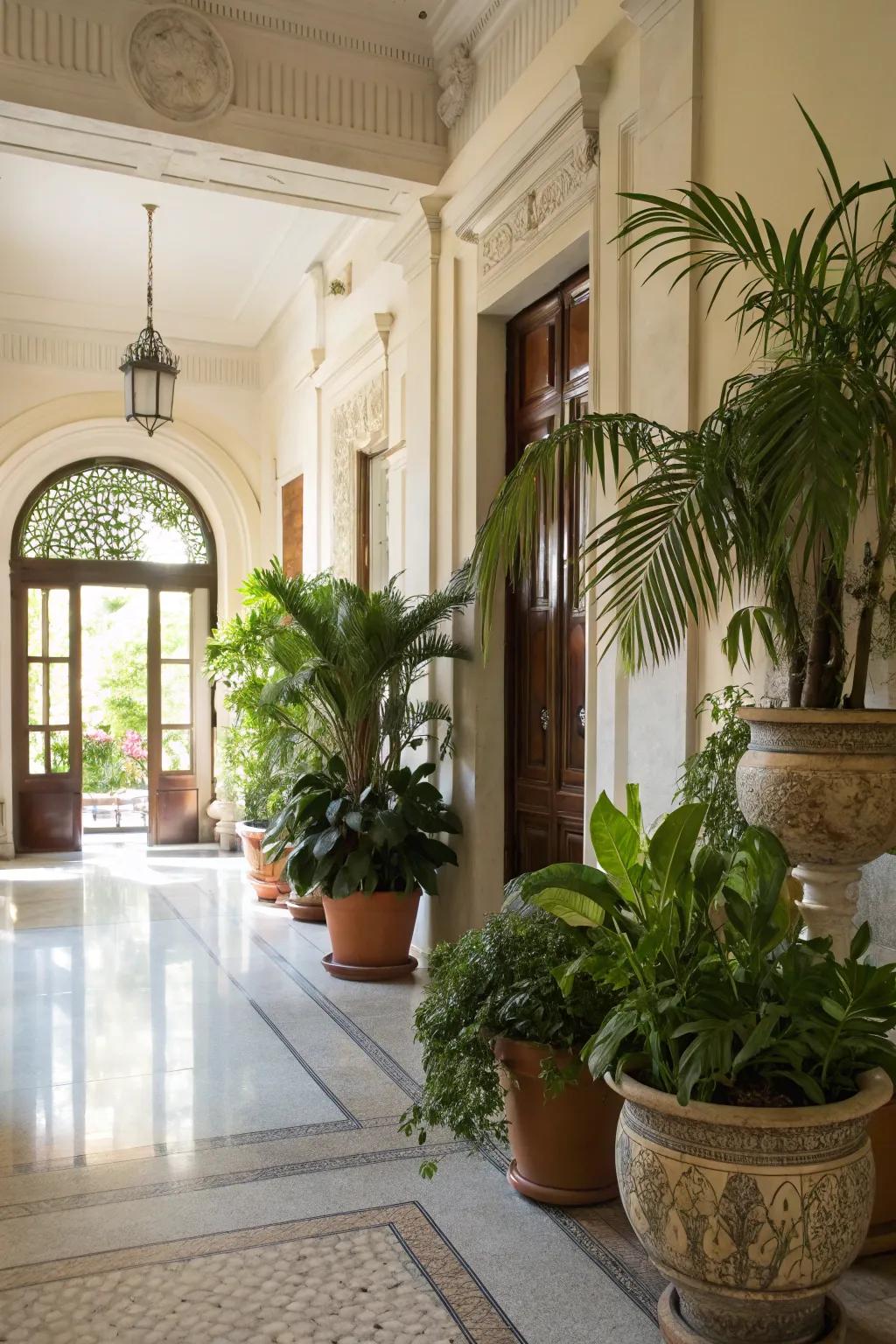 Indoor plants contribute freshness and vitality to the foyer.