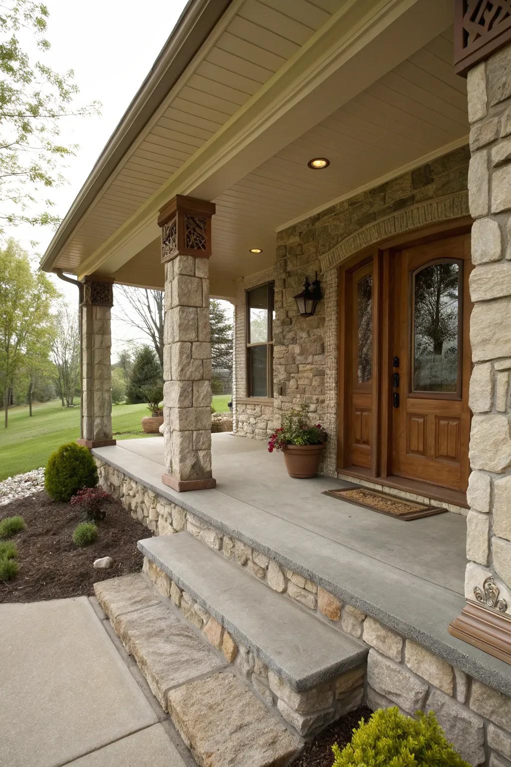 Stone embellishments that lend unified charm to the porch design.