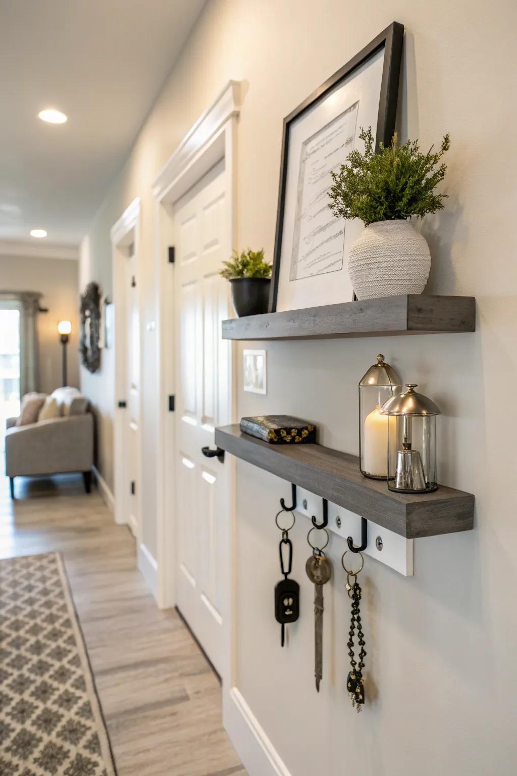 Hanging shelves allow for minimalist storage solutions.