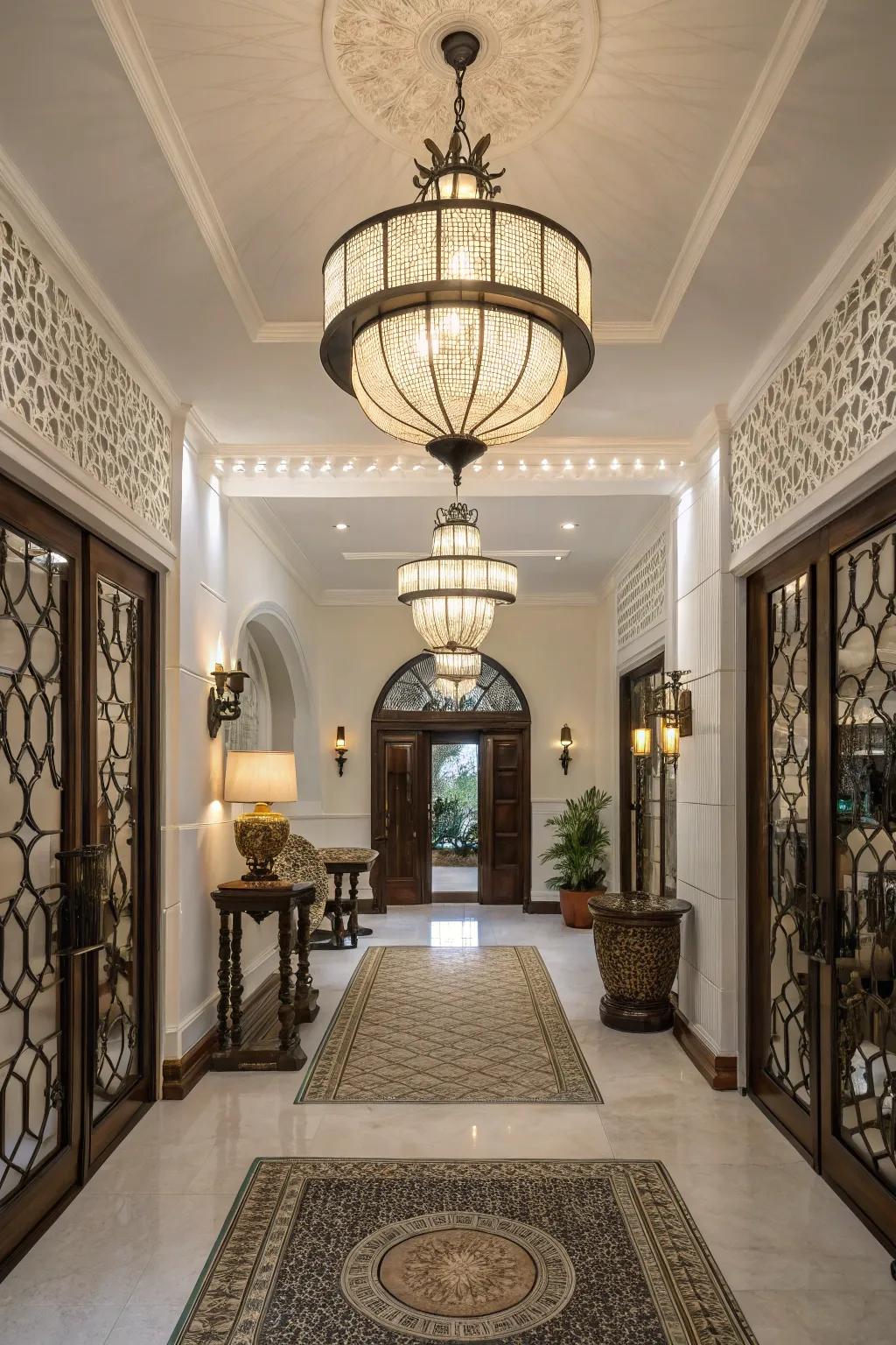 An entrance showcasing contemporary illumination within a traditional setting to achieve a distinctive design.