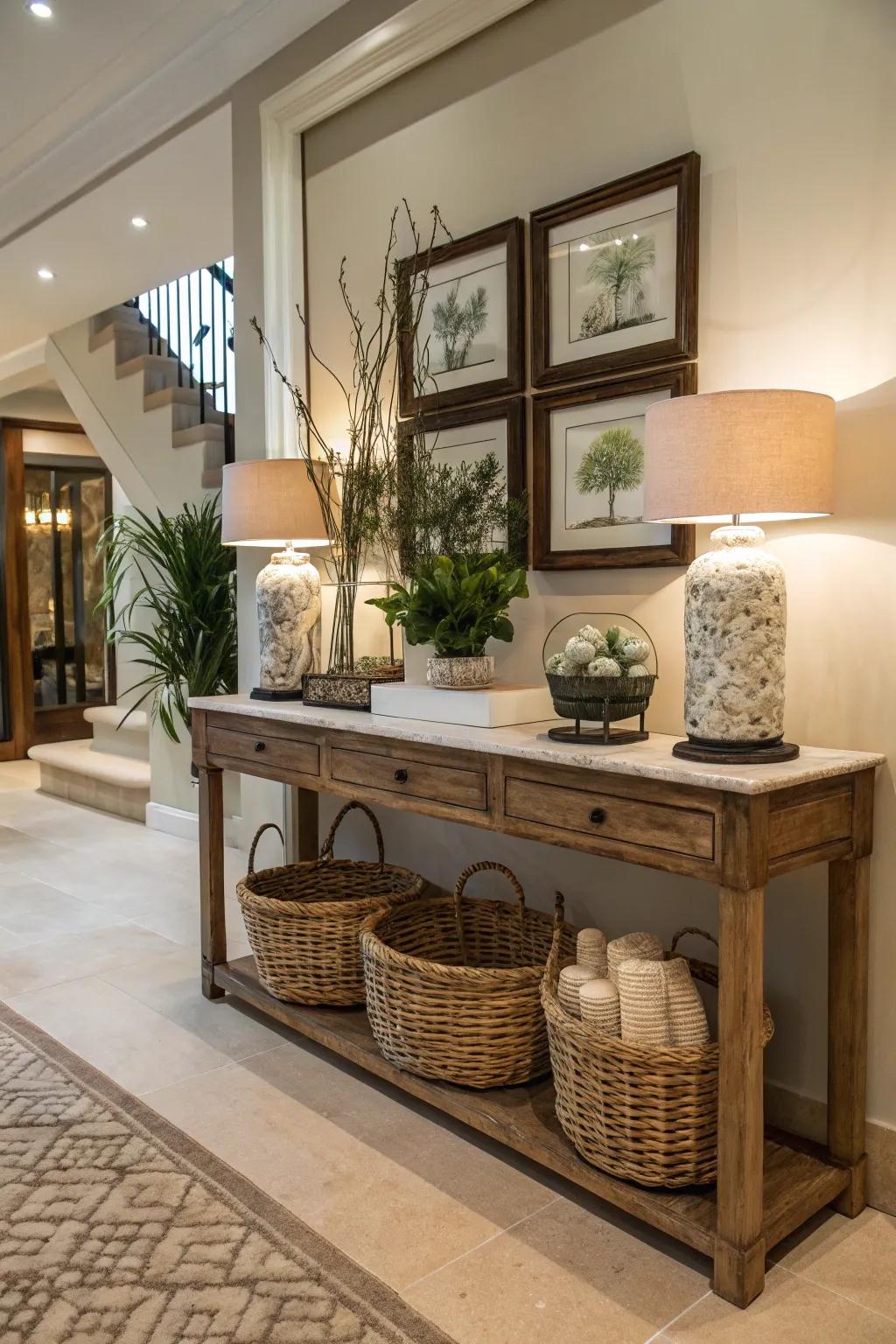 A console and baskets combine style and storage.
