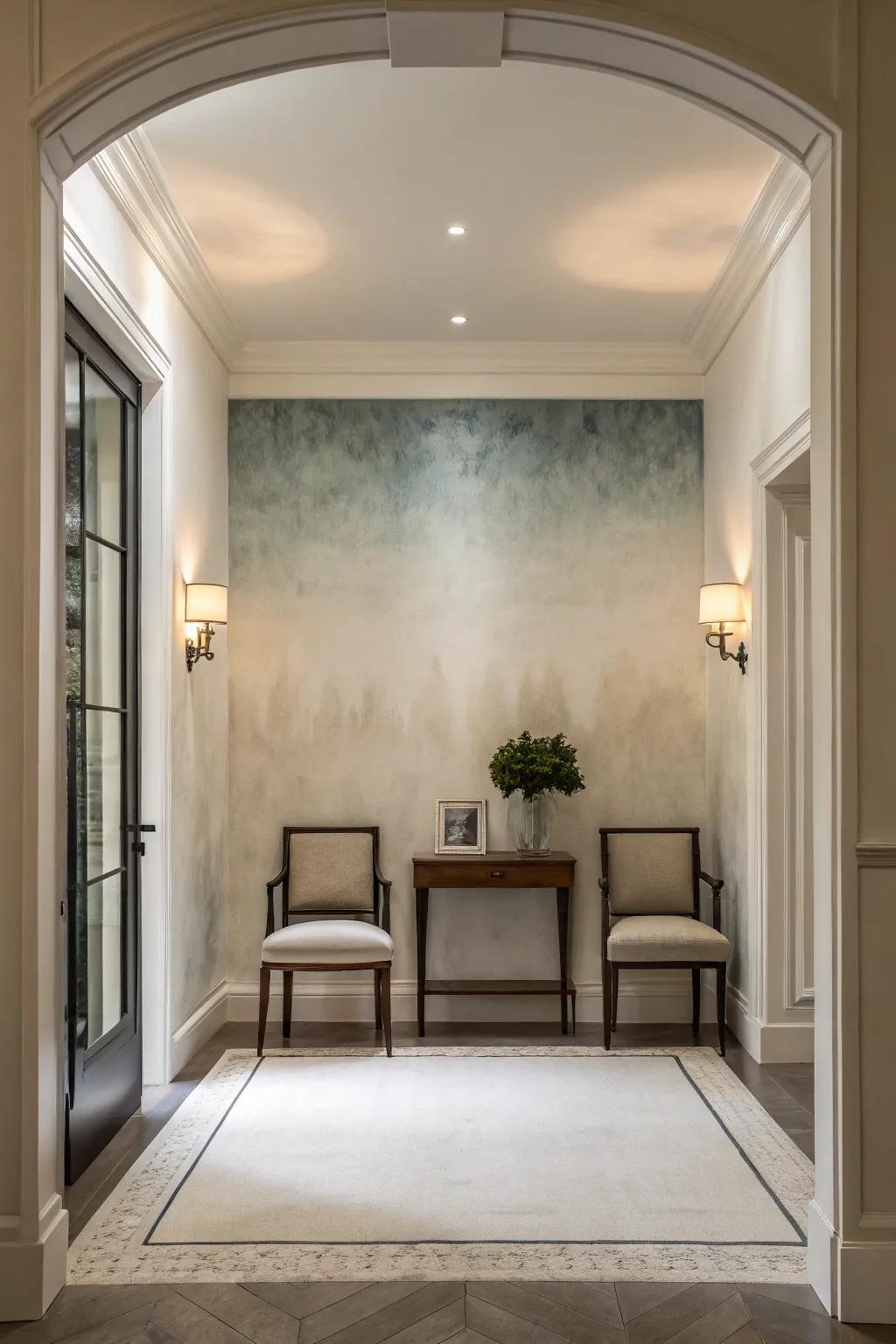 An airy entryway featured subtle ombre wallpaper for a spacious feel.