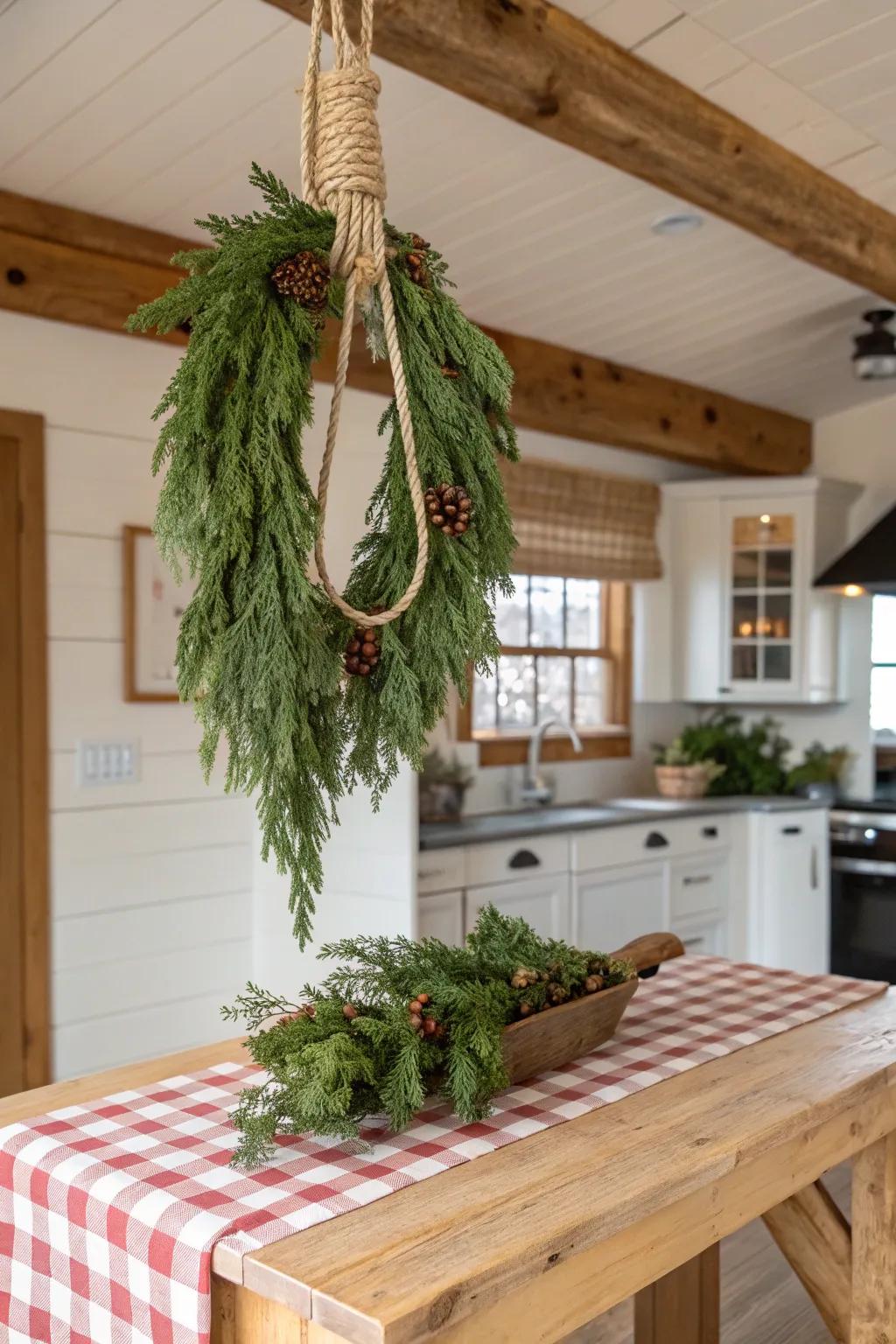 A rustic swag featuring rope and twine in a farmhouse-style kitchen.