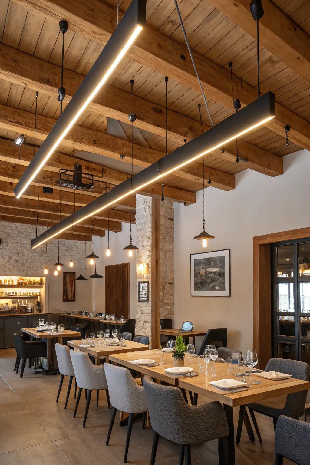 Elegant simplicity with long lights in a dining space.