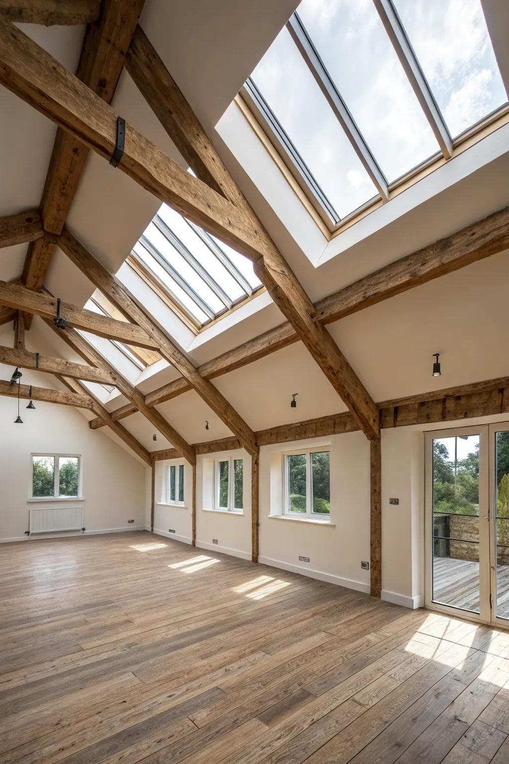 The aesthetic of beams is amplified by natural light.