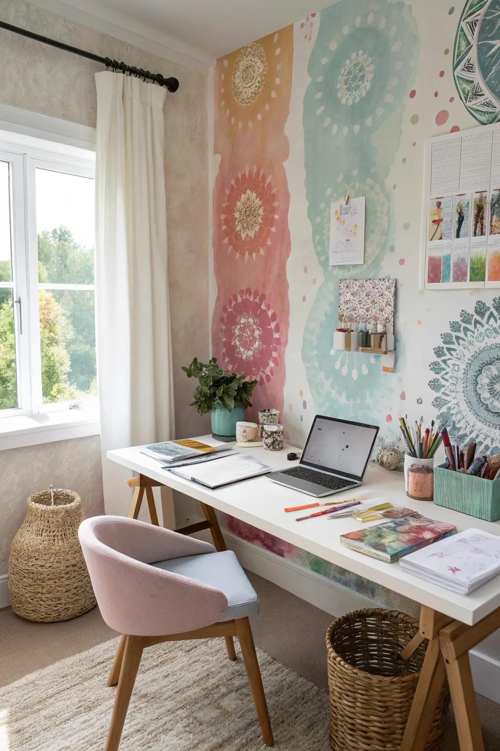 Wallpaper in artistic watercolor patterns promotes creativity.