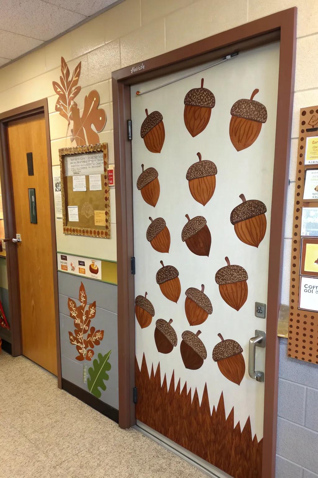 Fun acorn entrance decor with tactile elements.