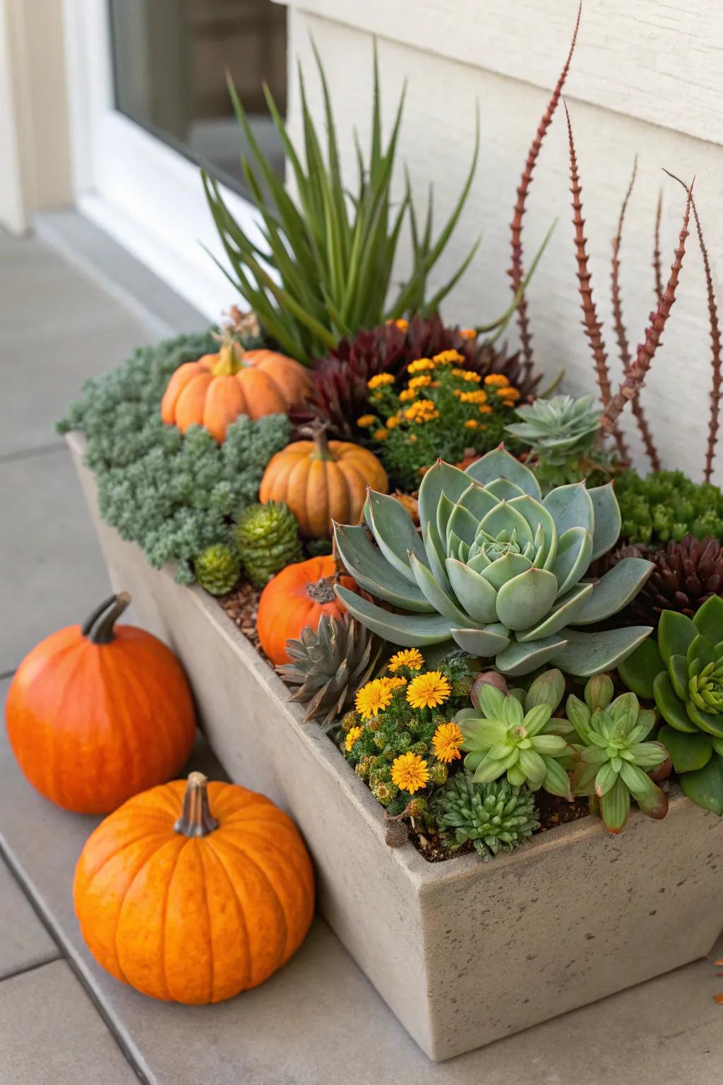 Fleshy plants and gourds offer a modern twist on traditional fall decor.
