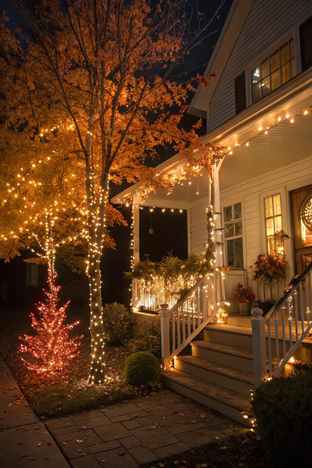Shimmering saplings contribute height and an enchanting radiance to the autumnal entryway.