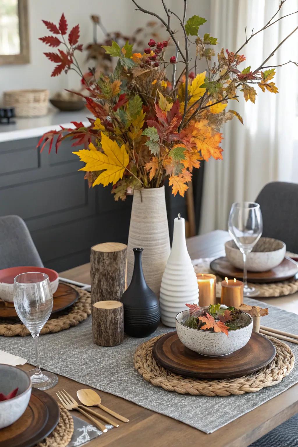 A varied combination of components establishes a unique autumnal centerpiece.