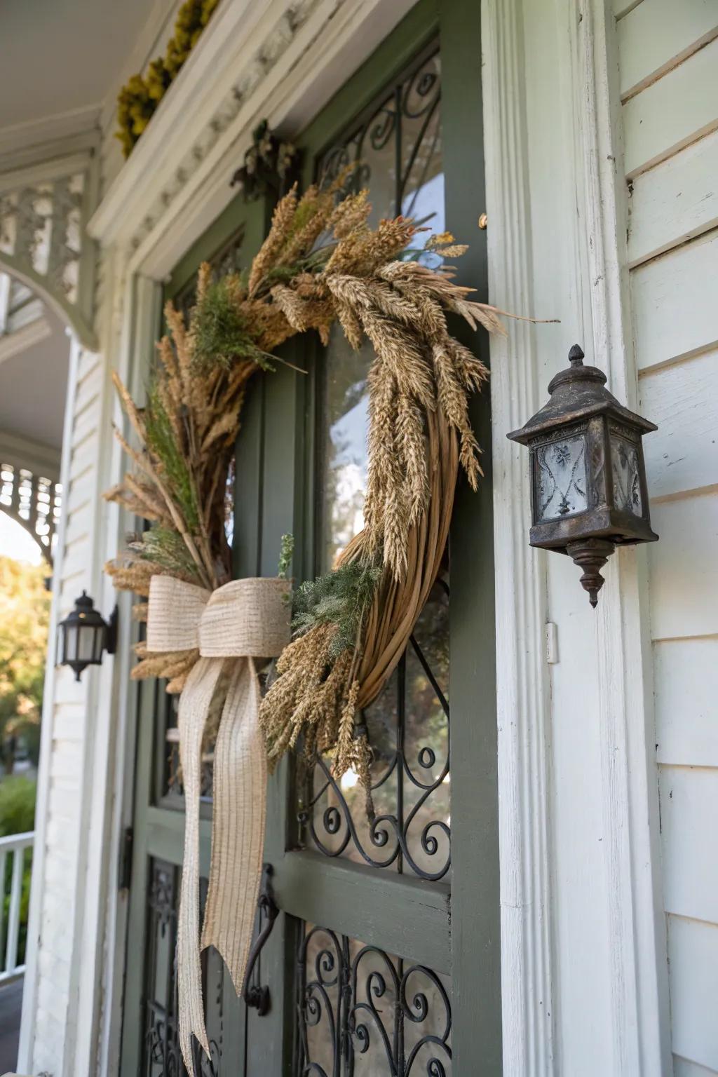 Venerable band and triticum fashion a timeless autumnal wreath.