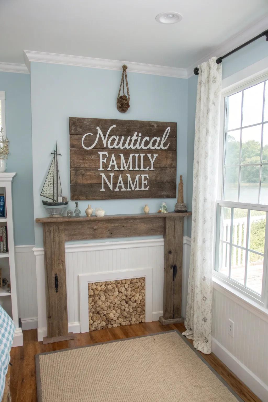A nautical-thematic family name display elevates a coastal chamber's aesthetic.