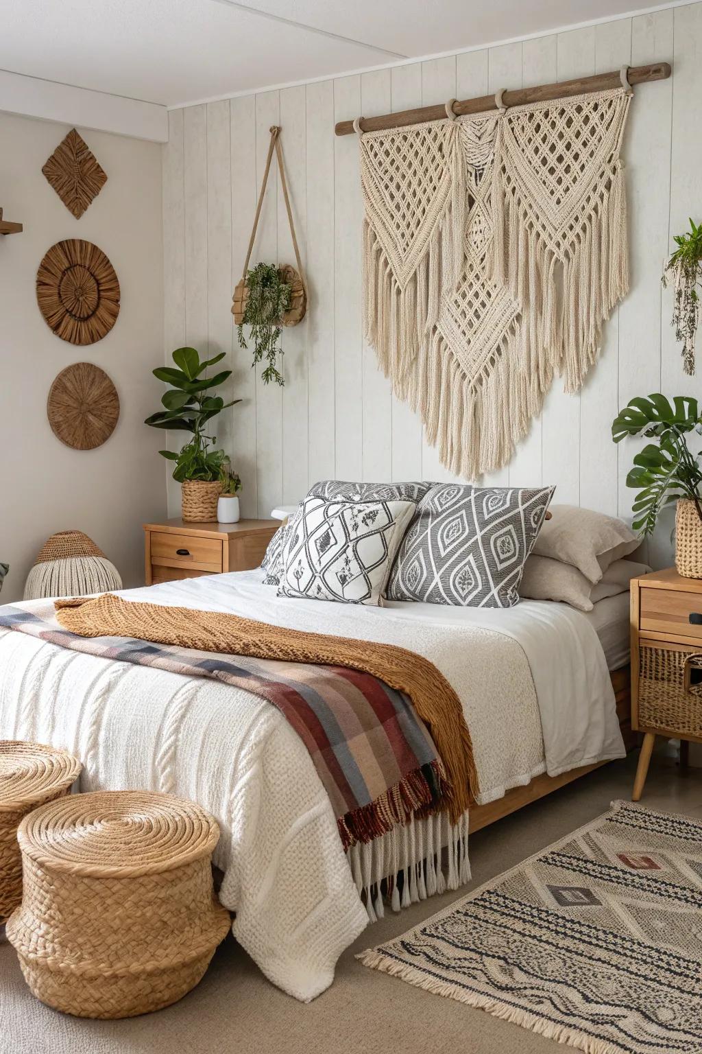 Macramé wall art offers bohemian style.
