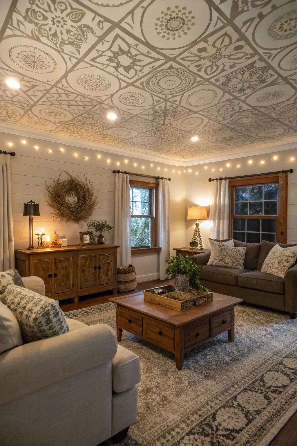 Stenciled designs impart artistic flair to this farmhouse living room ceiling.