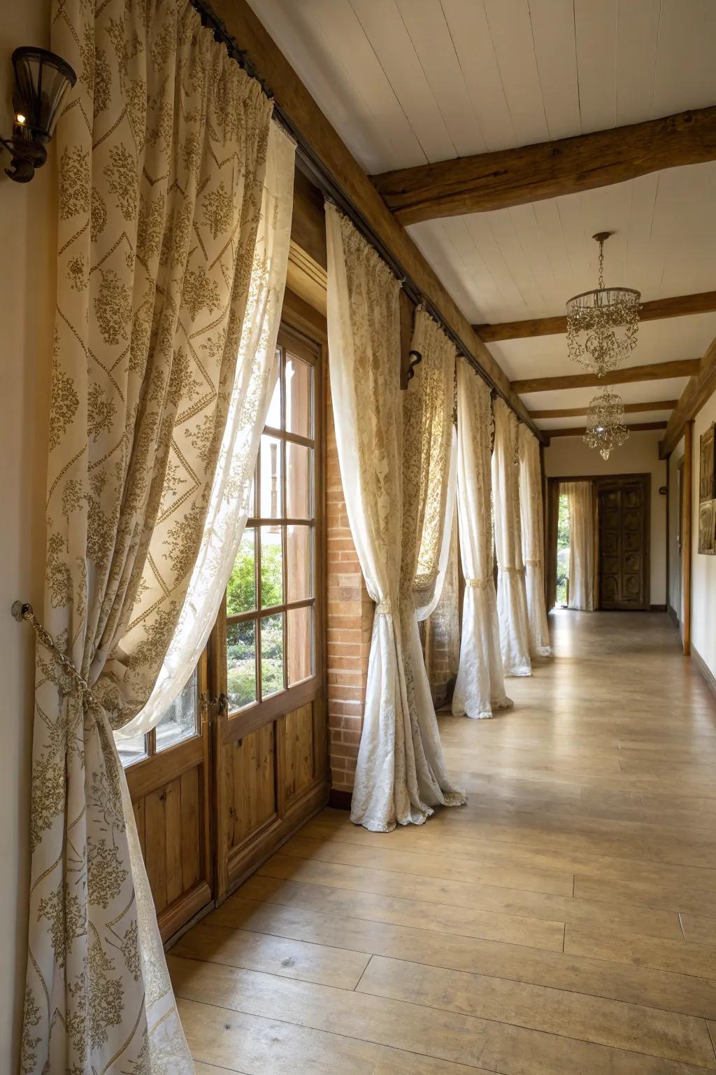 Elegant full-length curtains adding grandeur to a spacious farmhouse hallway.