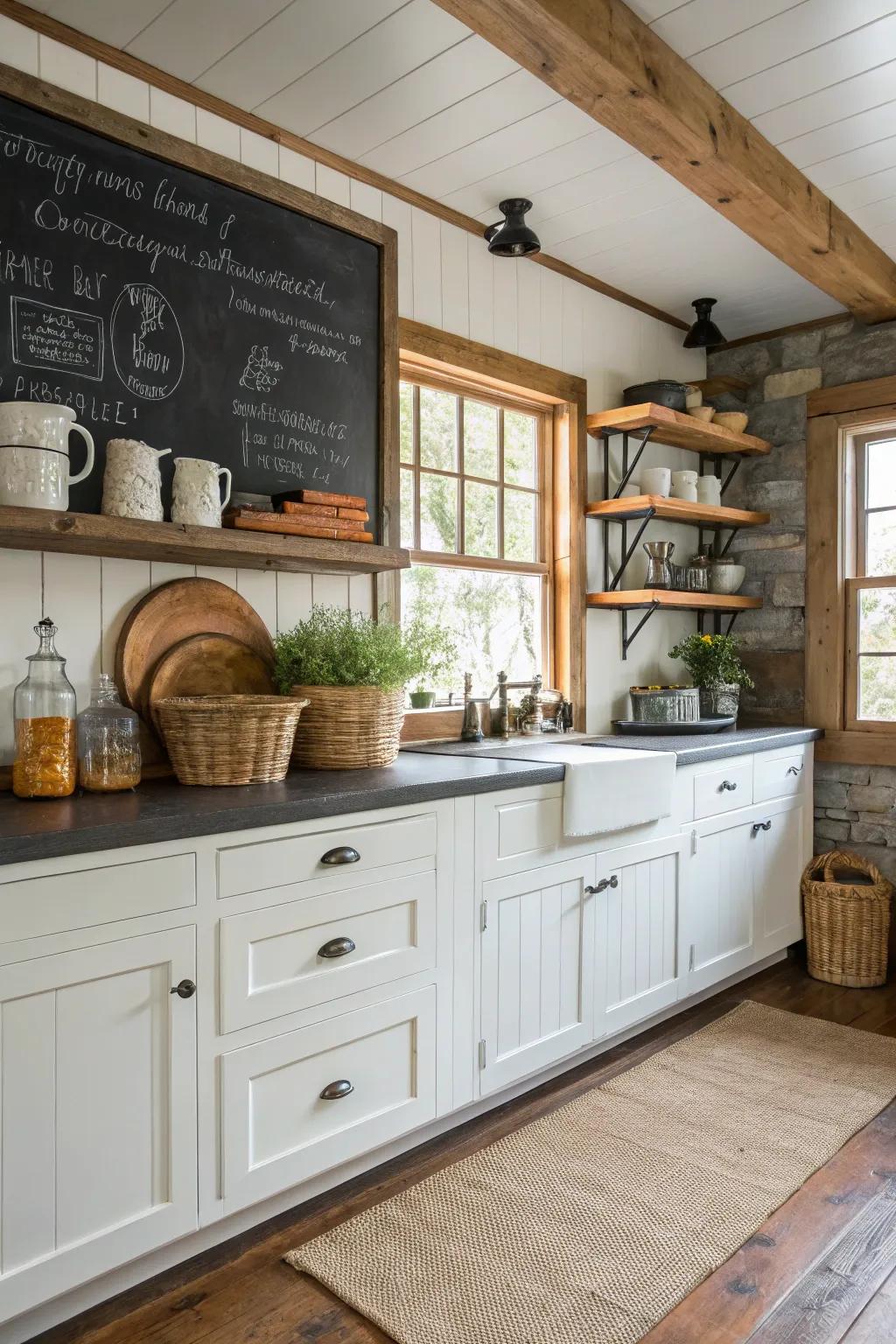 A slateboard backsplash adds a creative and functional element to this farmhouse kitchen.
