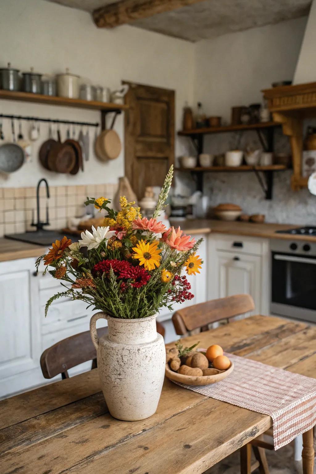 Stoneware vase with seasonal flowers adding a fresh touch to a farmhouse kitchen.