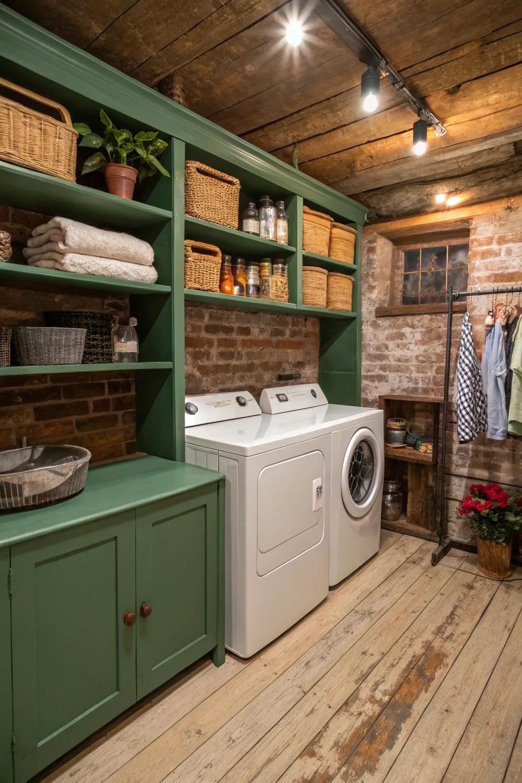 Colored racks provide a splash of color and character in this farmhouse laundry space.