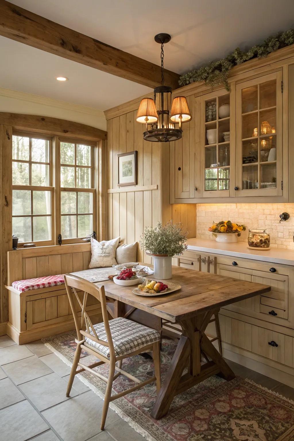 A snug breakfast alcove injects warmth into a cooking space featuring pale timber cabinetry.